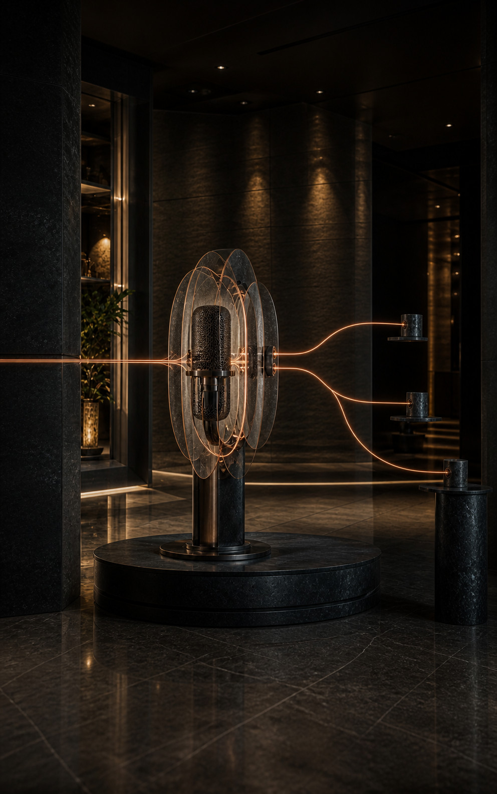Une sculpture acoustique en pierre, verre et cuivre transforme un signal vocal en plusieurs chemins d’action.