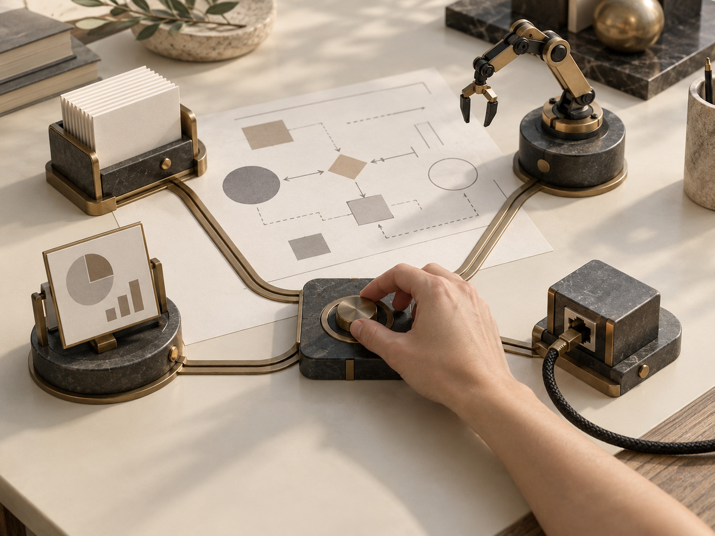 Une main règle un bouton relié à un porte-fiches, un graphique, un bras robotisé et un boîtier, autour d’un schéma.