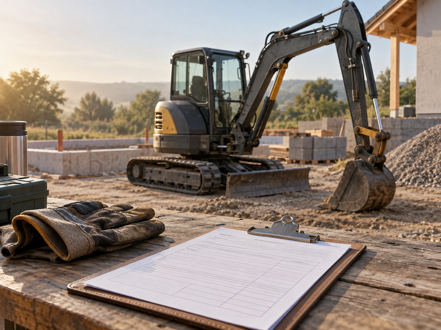 Gants et porte-documents sur une table devant une mini-pelle et une maison en construction.