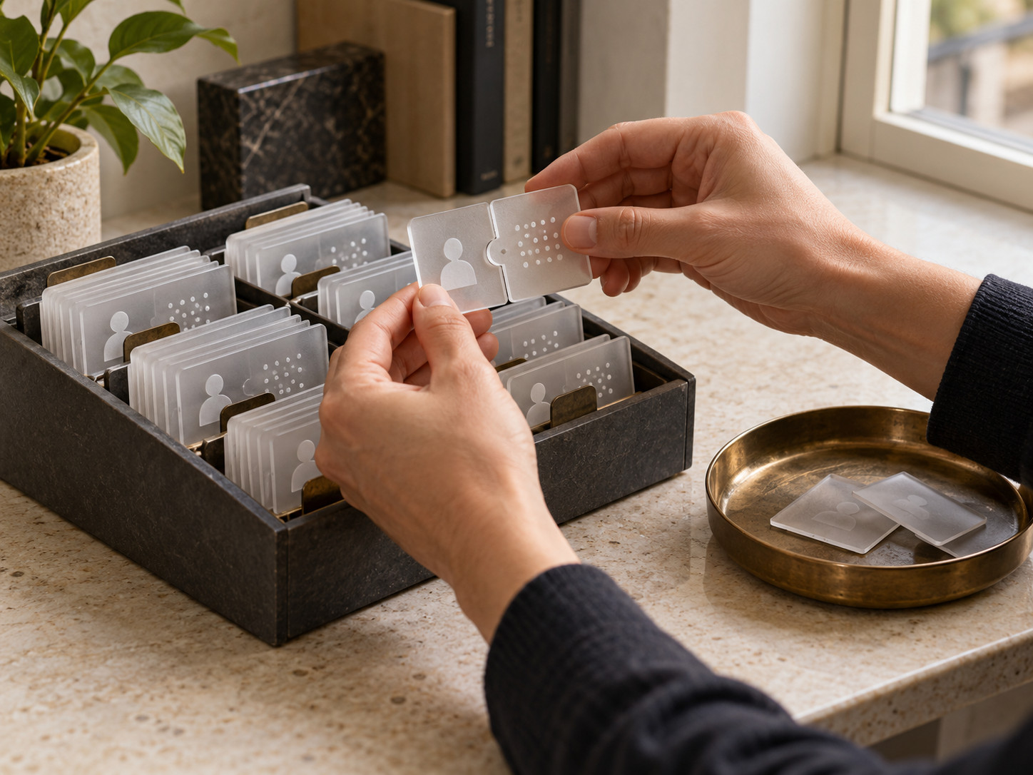 Deux mains assemblent des cartes translucides portant une silhouette et des points, au-dessus d’un fichier à compartiments.
