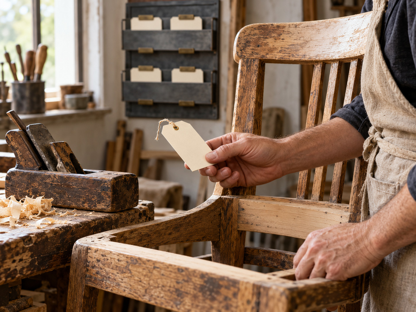 Une personne tient une étiquette vierge près d’une chaise en bois dans un atelier.