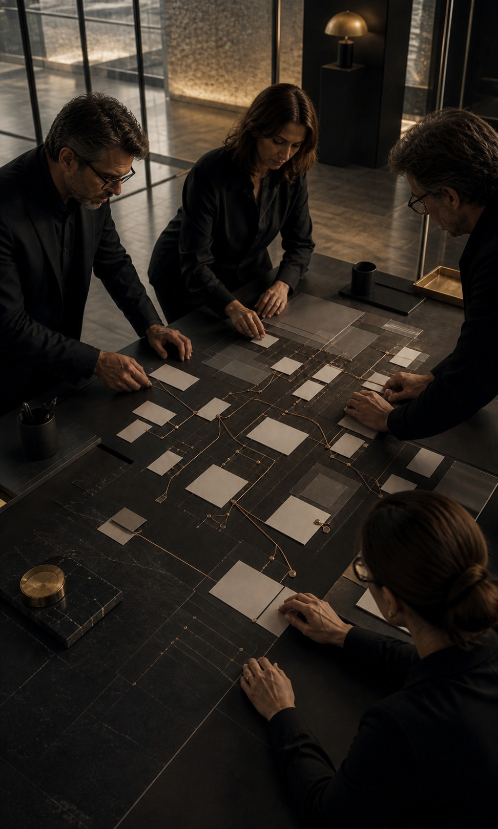 Trois spécialistes construisent une architecture de conversation sur une grande table, à l’aide de cartes et de fils cuivrés.