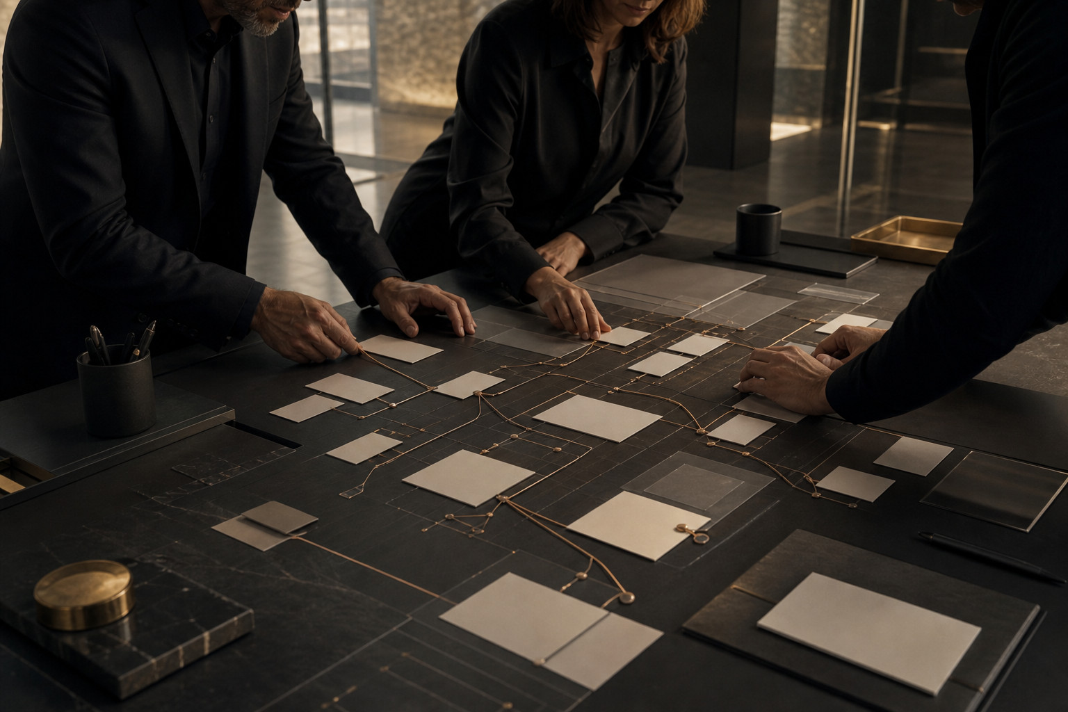 Trois spécialistes construisent une architecture de conversation sur une grande table, à l’aide de cartes et de fils cuivrés.
