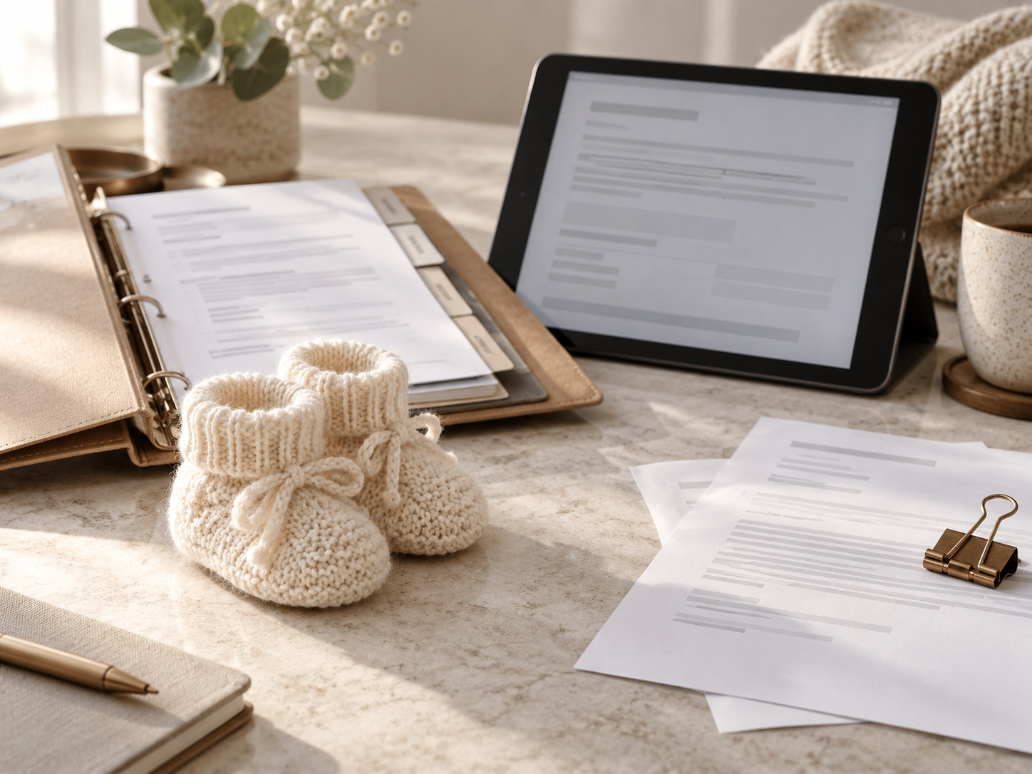 Des chaussons de naissance près d’un dossier et d’une tablette présentant des documents.