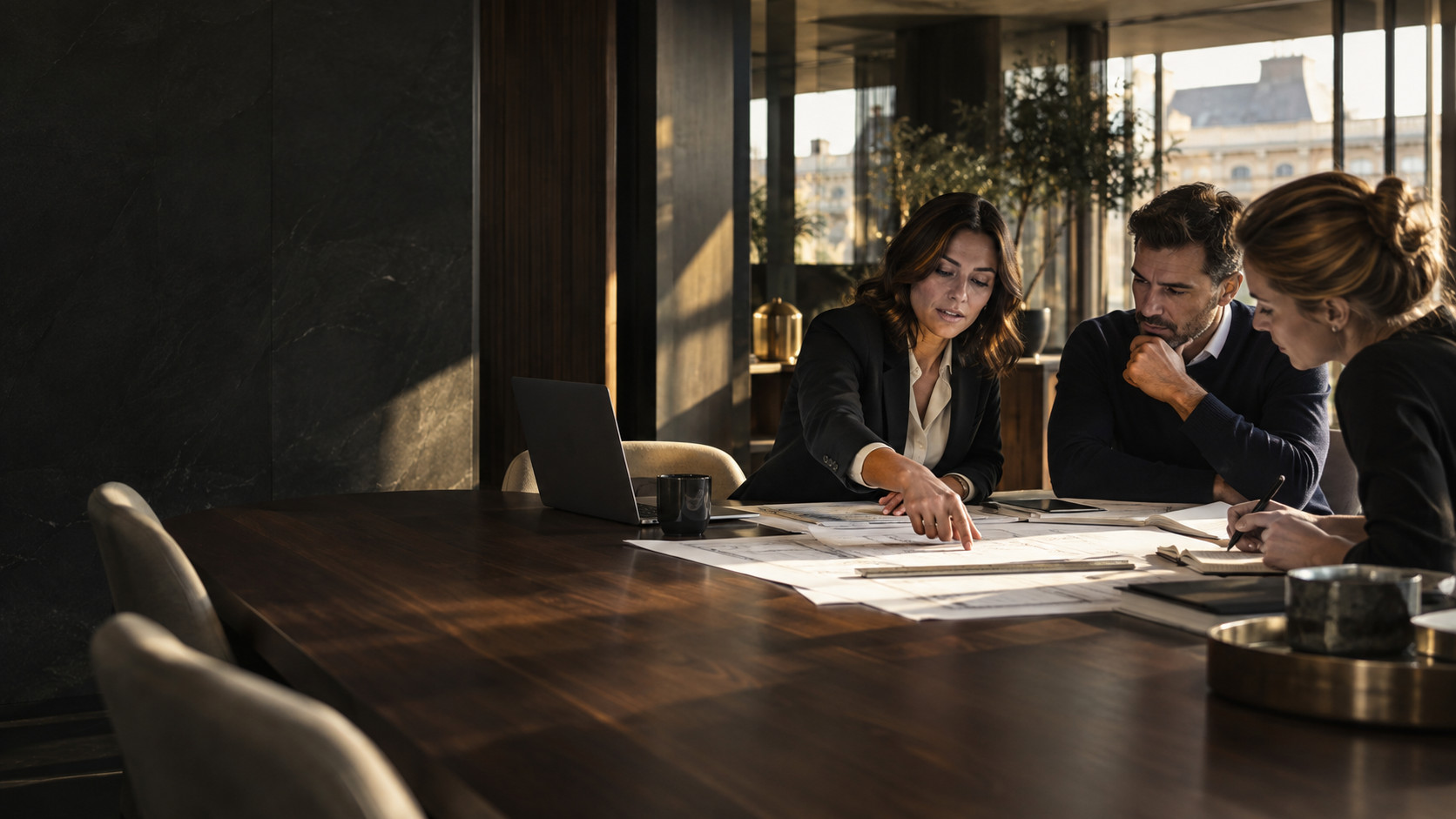 Illustration : une équipe construit un plan de travail autour de documents disposés sur une table.