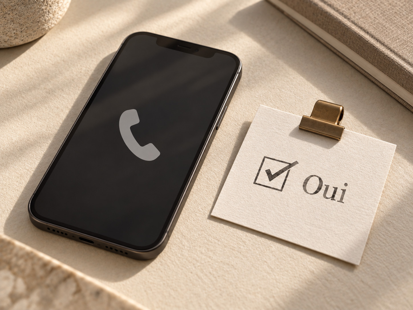 Un téléphone à côté d’une carte portant la mention Oui.