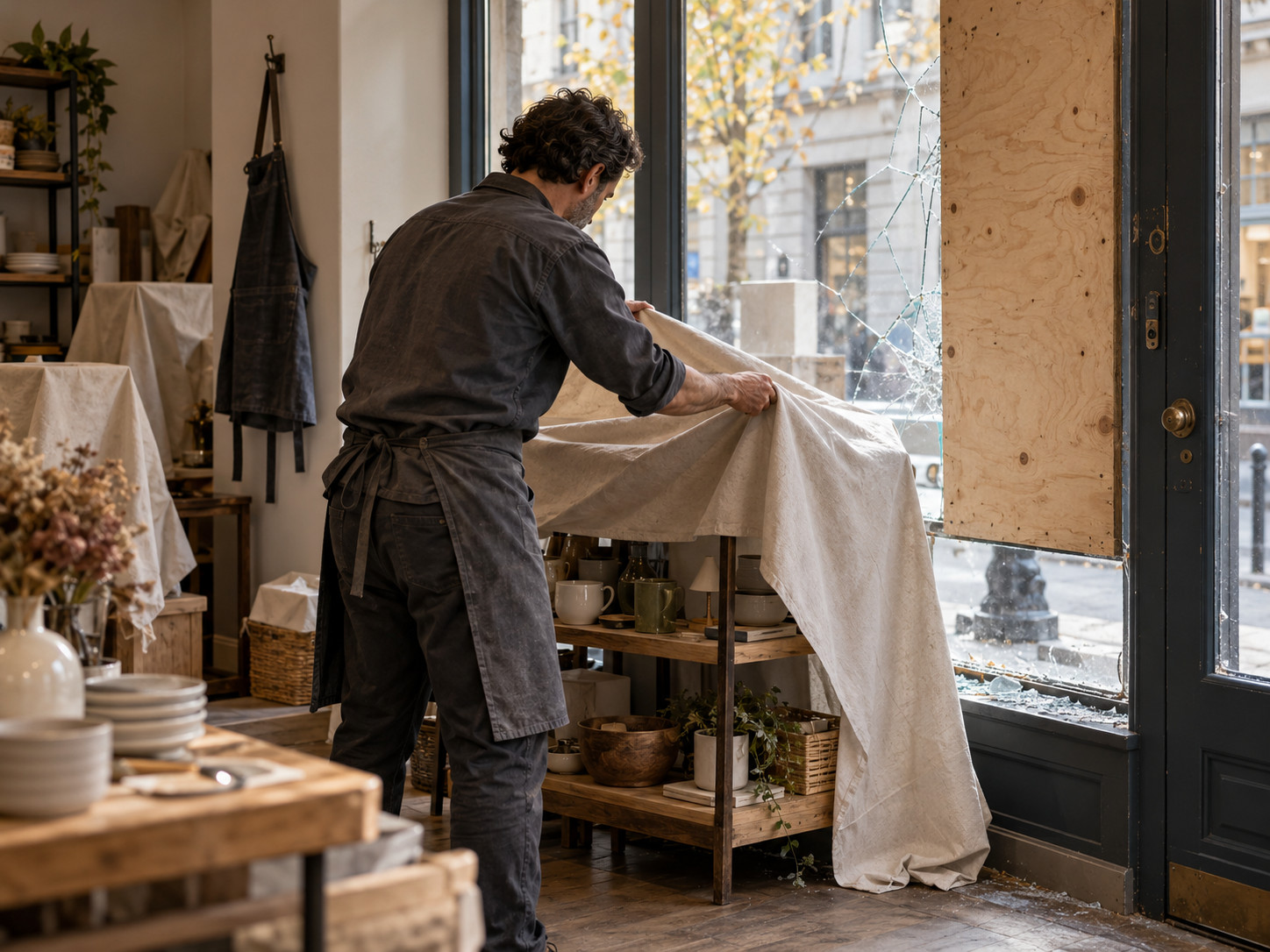 Une personne recouvre une étagère d’un drap dans un commerce à la vitrine brisée et partiellement condamnée par un panneau de bois.
