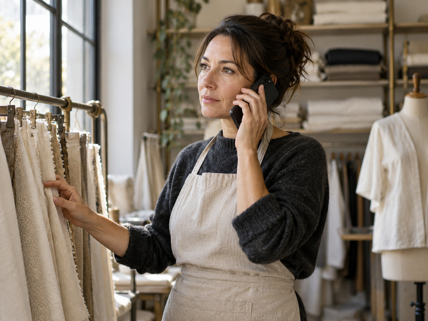 Une femme en tablier téléphone dans un atelier textile, une main sur des échantillons de tissu.