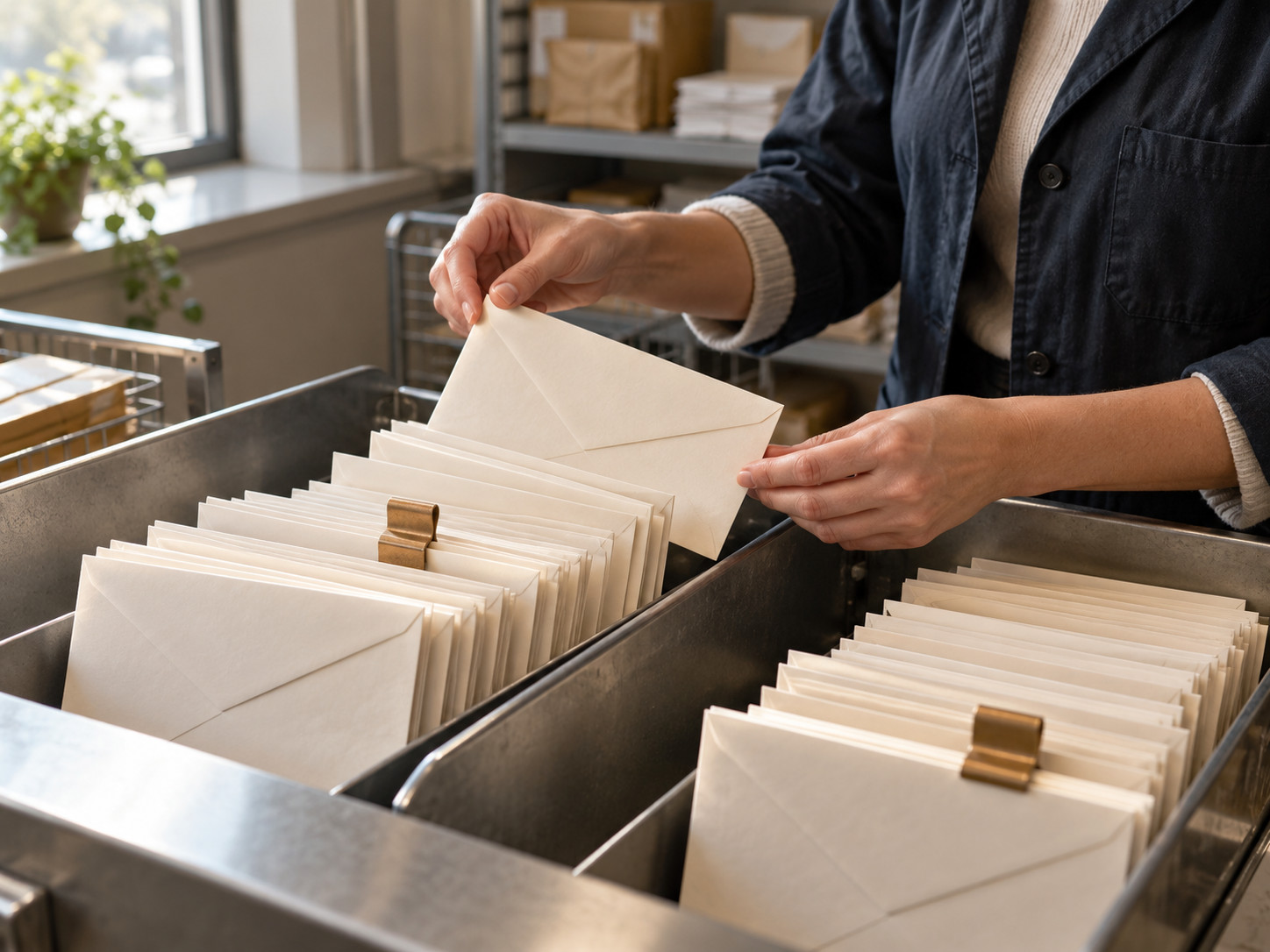 Une personne trie des enveloppes dans des bacs métalliques.