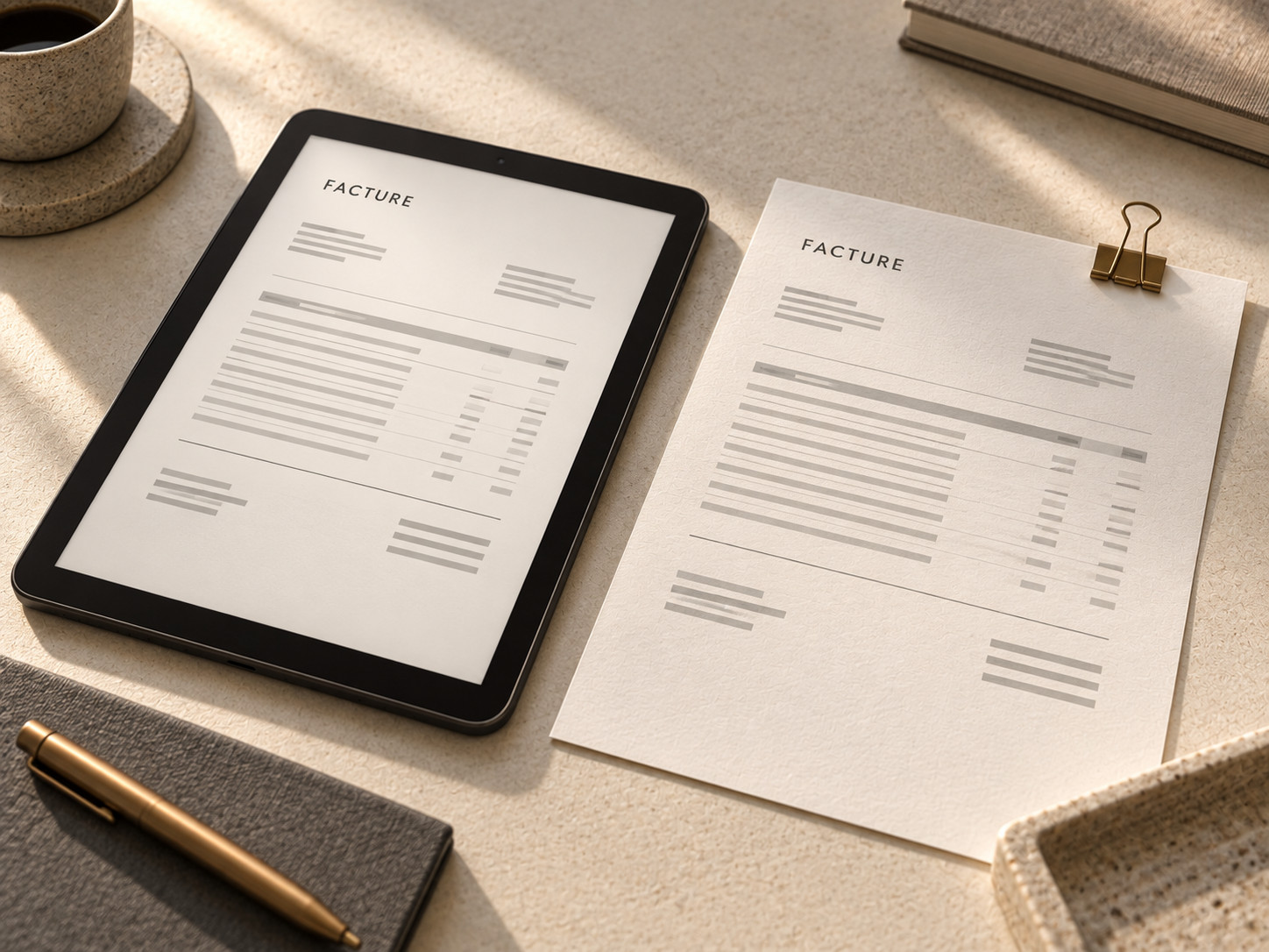 Une facture présentée sur une tablette et sur papier.
