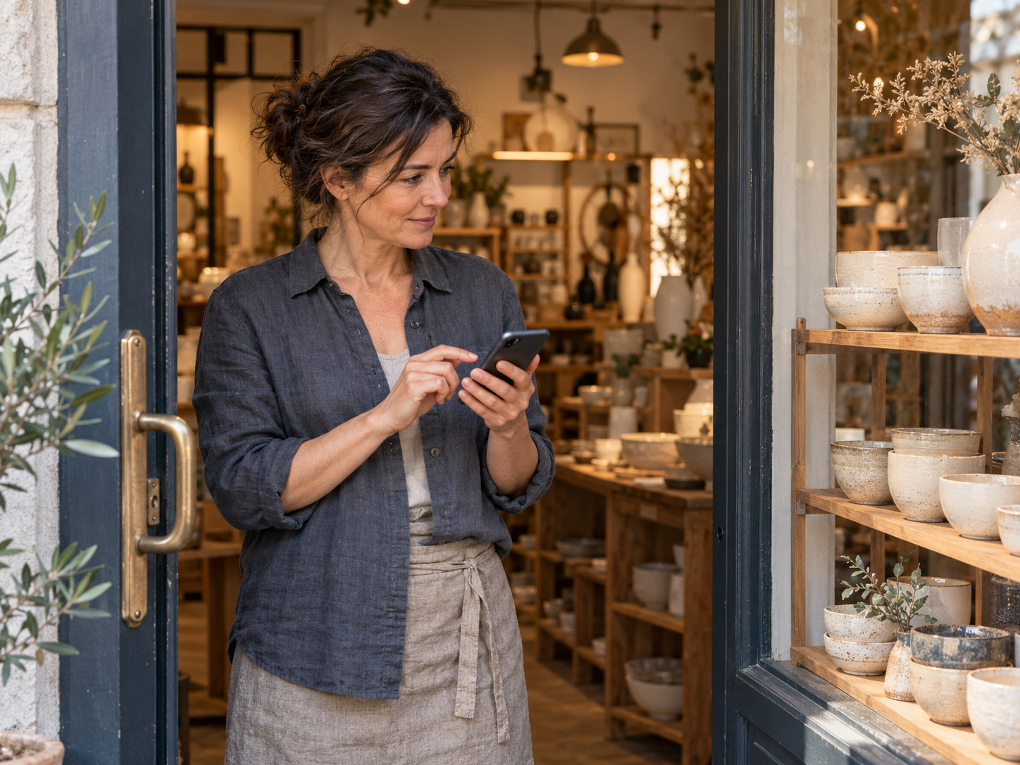 Une femme en tablier utilise un smartphone à l’entrée d’une boutique de céramique.