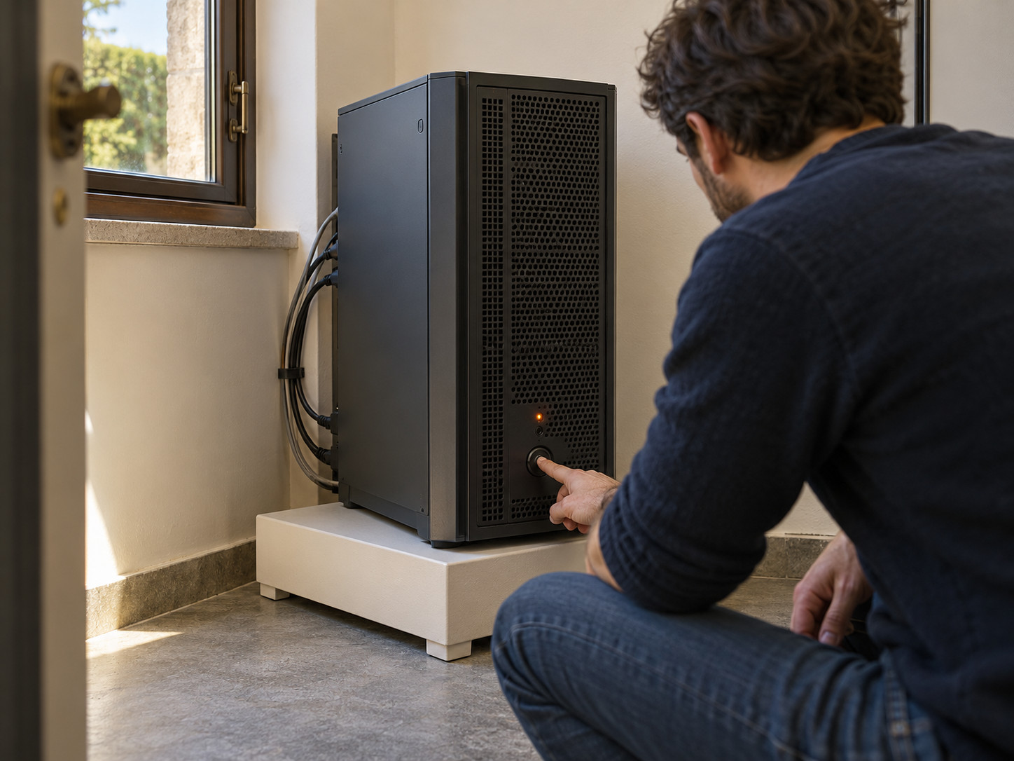 Un homme accroupi appuie sur le bouton d’une grande tour informatique noire.