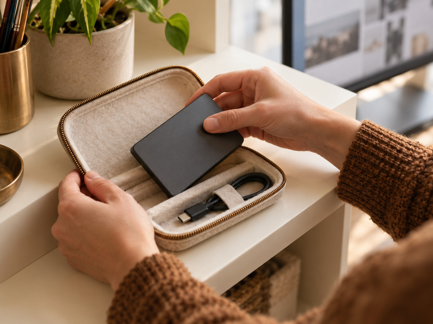 Une personne range un disque externe dans un étui contenant un câble USB.