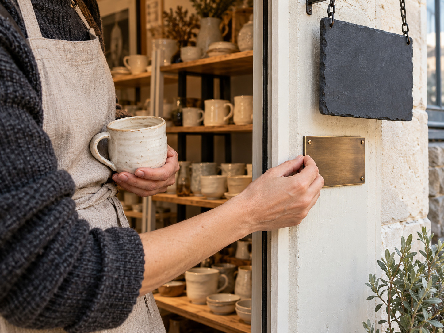 Une personne en tablier tient une tasse et touche une plaque en laiton sous une enseigne en ardoise vierge.
