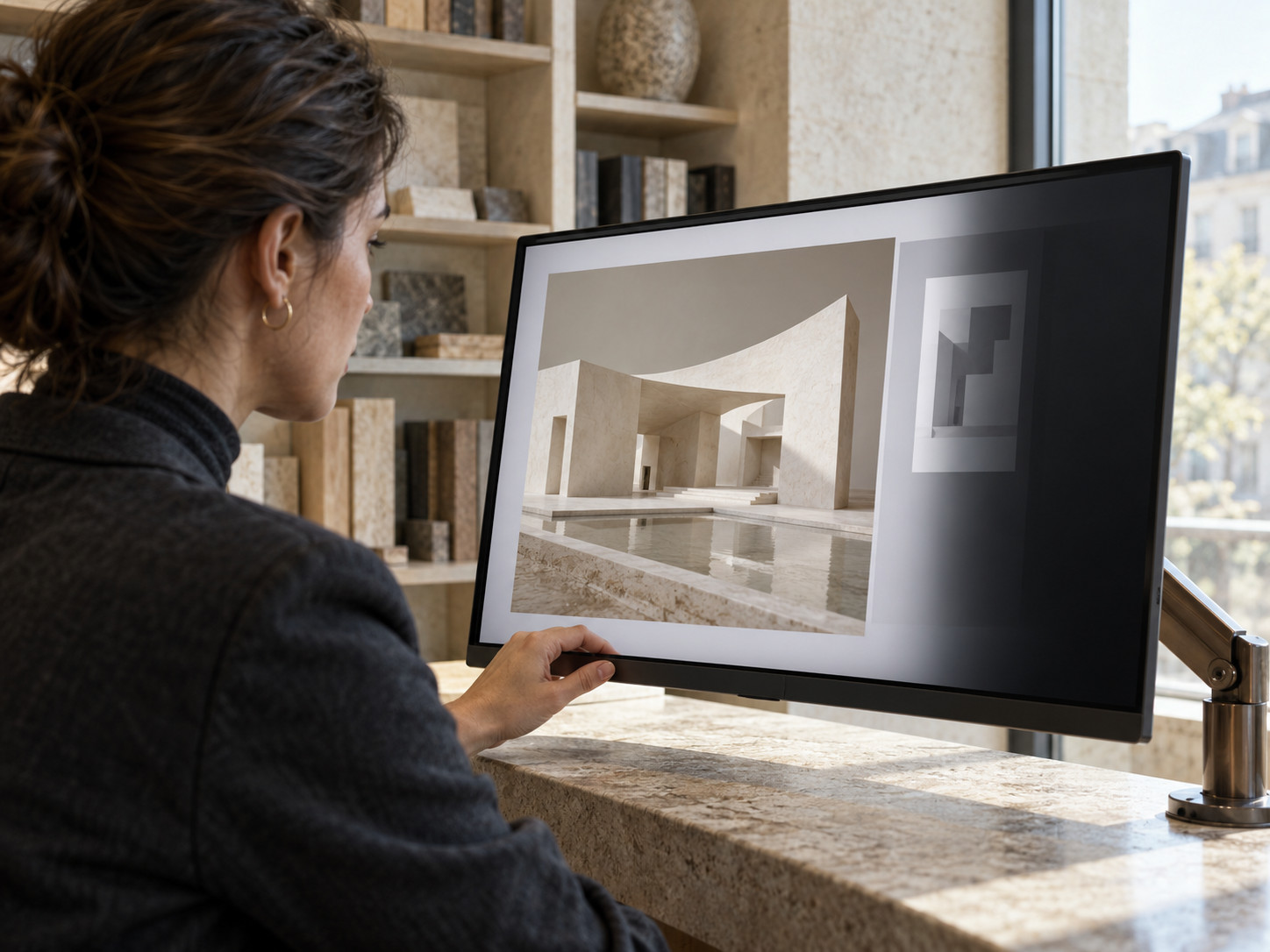 Une personne regarde des images d’architecture affichées sur un grand écran.