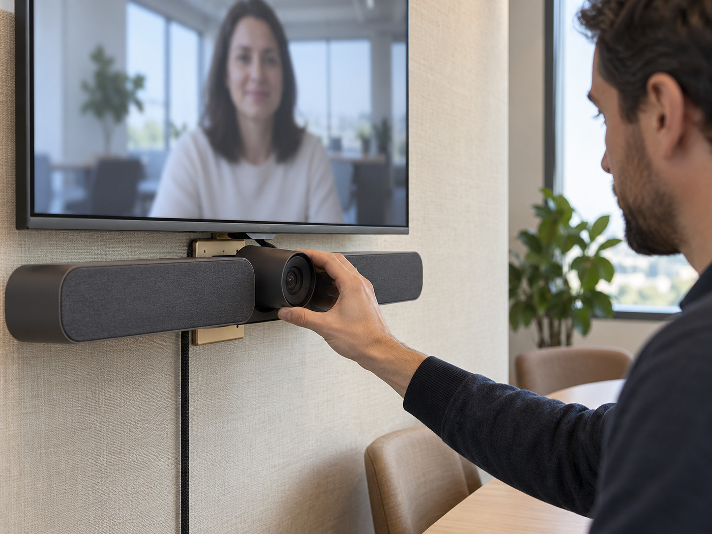 Un homme ajuste une caméra de visioconférence sous un écran montrant une participante à distance.
