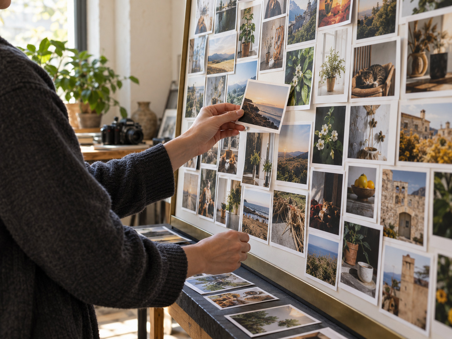 Une personne tient une photographie devant un panneau couvert de photos.