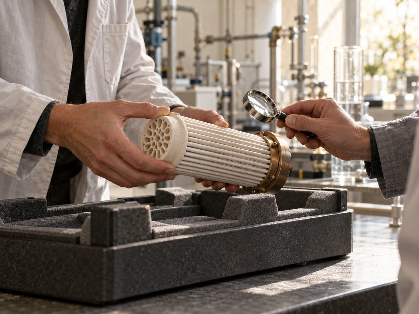 Deux personnes examinent à la loupe un composant cylindrique blanc dans un laboratoire.