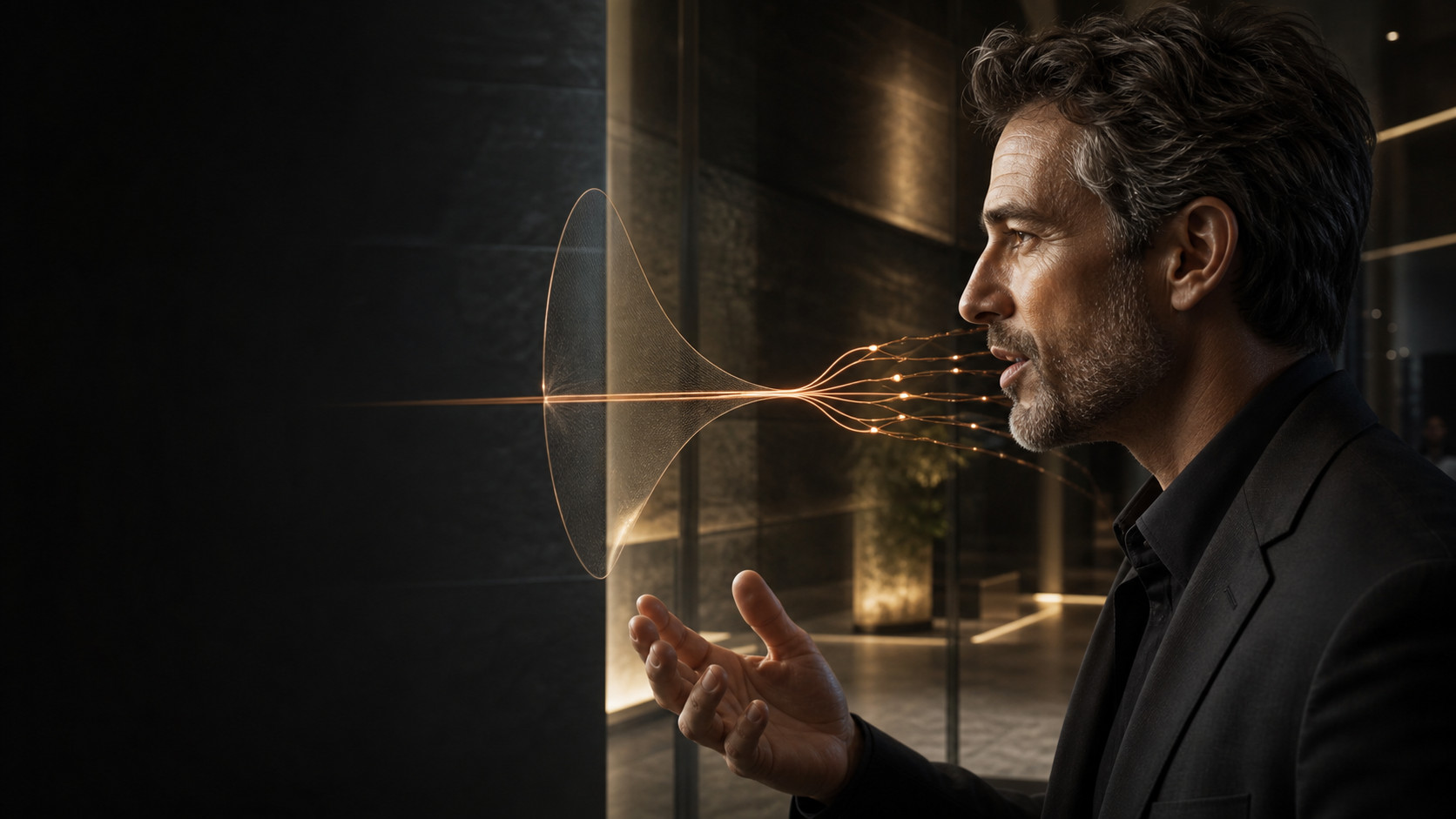 Un professionnel parle dans un espace acoustique sombre ; sa voix devient un signal cuivré qui traverse une membrane translucide.