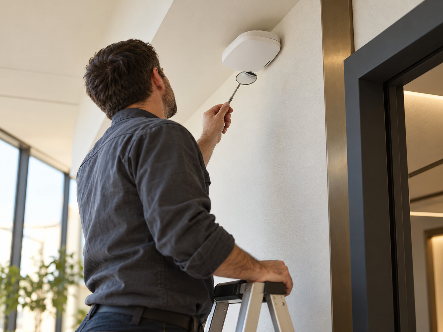 Un homme sur un escabeau inspecte un boîtier mural blanc avec un miroir télescopique.