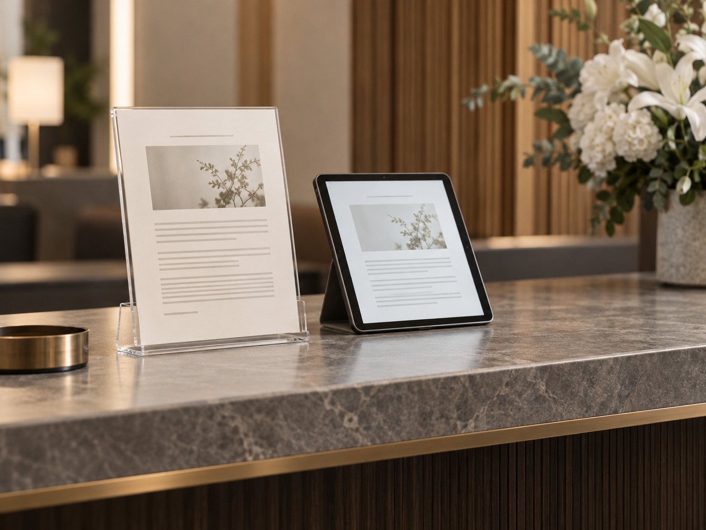 Un présentoir transparent et une tablette sur un comptoir, à côté de fleurs blanches.