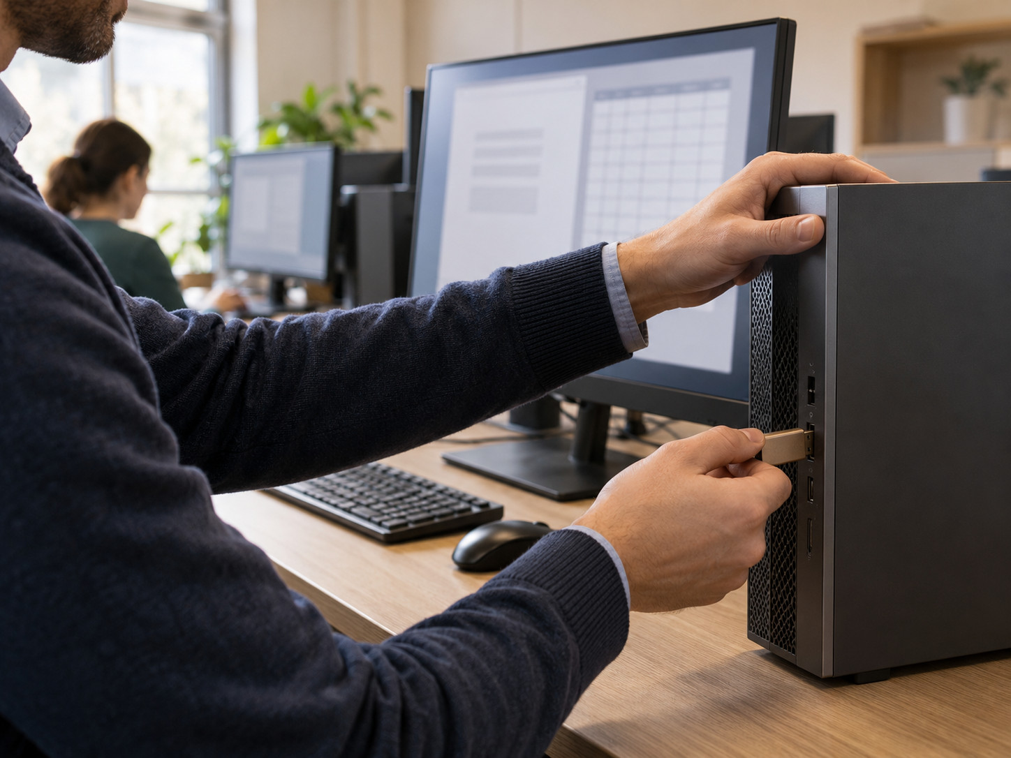 Une personne branche une clé USB sur un ordinateur de bureau devant un écran affichant un document et un tableau flous.