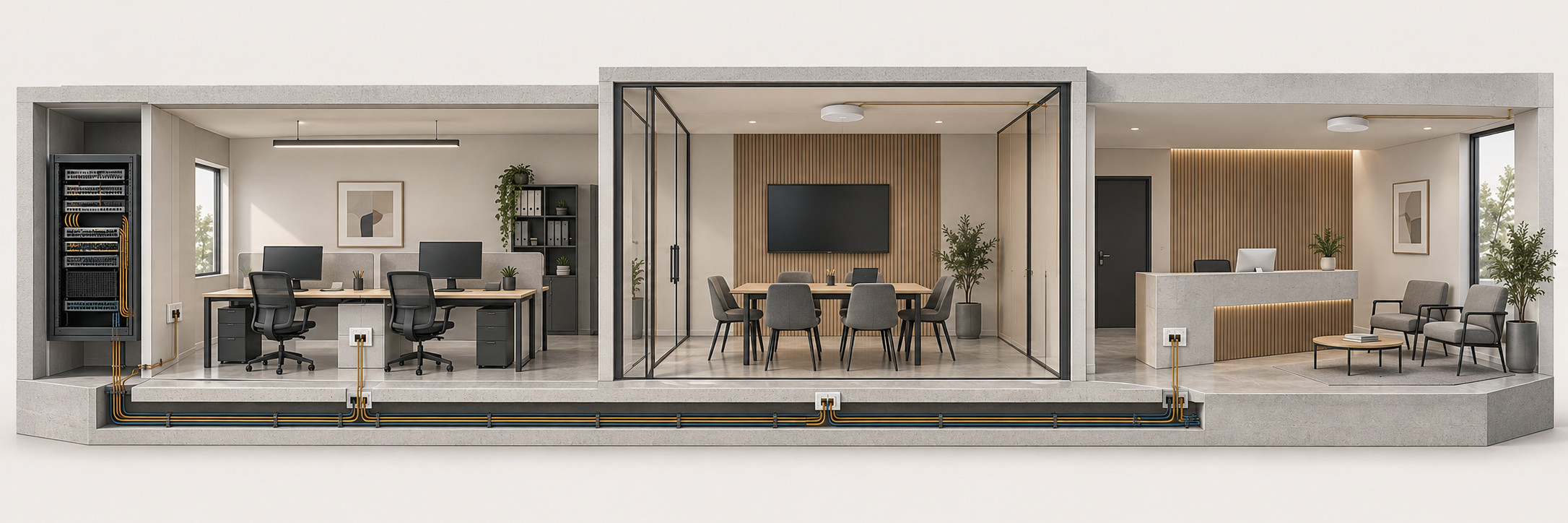 Illustration de locaux en coupe : postes de travail, salle de réunion et accueil, reliés à des équipements réseau et des points d’accès Wi-Fi.