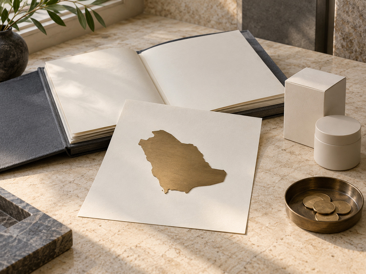Silhouette dorée de l’Arabie saoudite sur une feuille, près d’un livre ouvert, d’emballages neutres et de pièces.