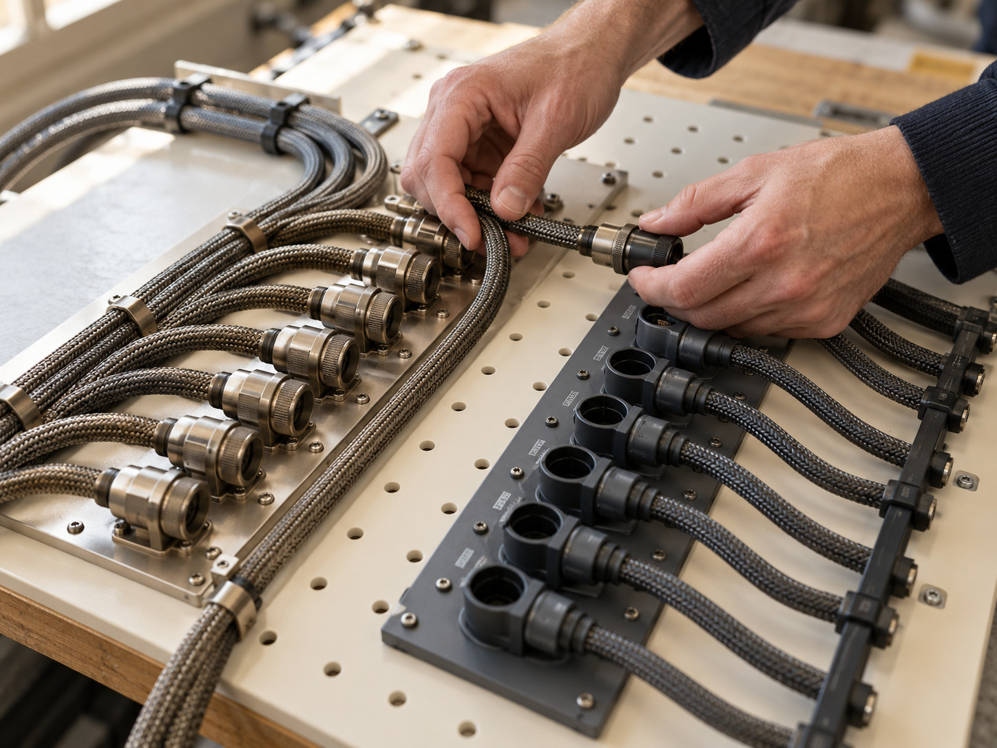 Deux mains manipulent un câble tressé entre deux rangées de connecteurs sur un établi.