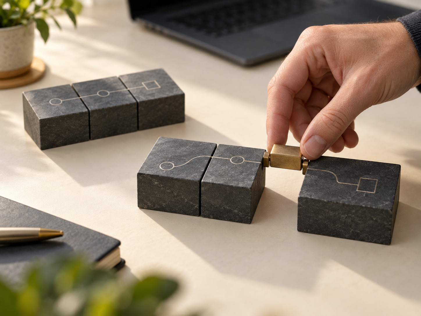 Une main raccorde deux modules d’une maquette de processus avec une pièce de bronze.