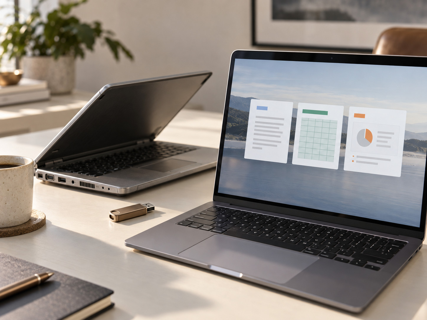 Deux ordinateurs portables et une clé USB sur un bureau, avec des documents stylisés sur l’écran au premier plan.
