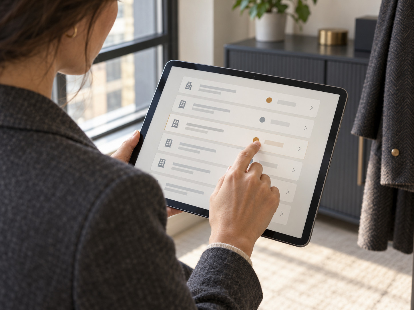 Une personne touche une ligne d’un tableau de bord schématique affiché sur une tablette.