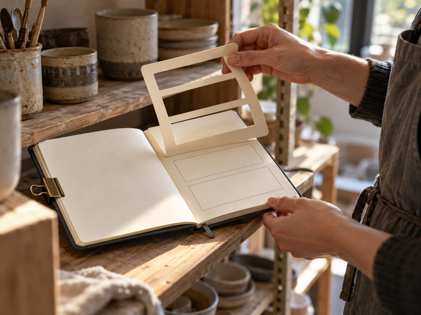 Une personne tient un gabarit à trois ouvertures au-dessus d’un carnet ouvert dans un atelier de poterie.
