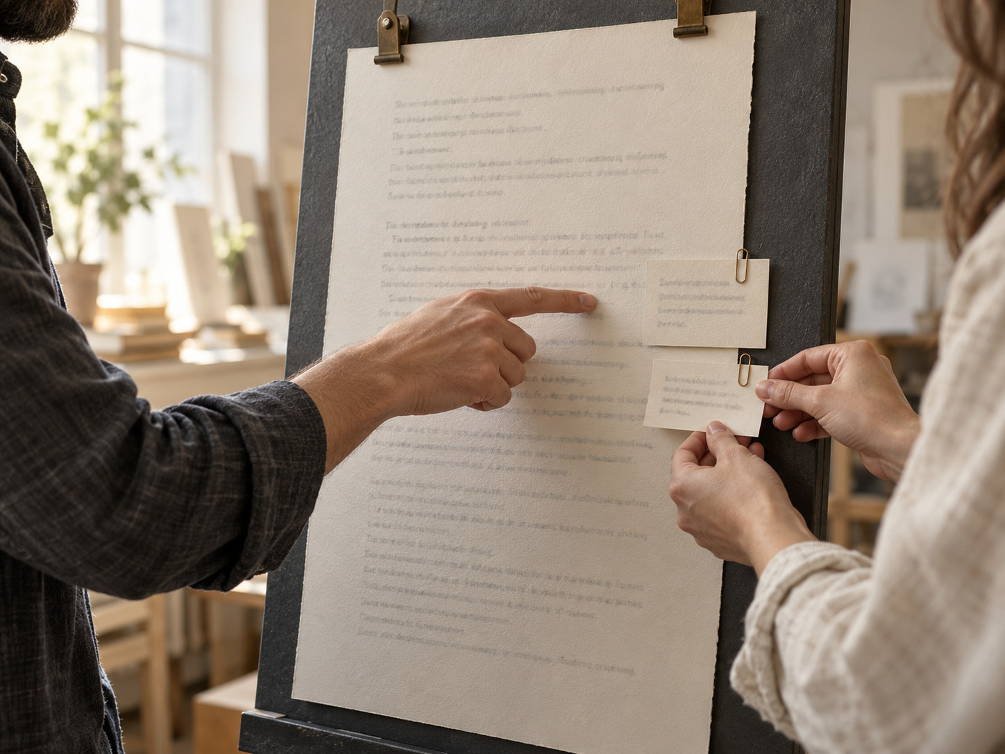 Une personne pointe une grande feuille tandis qu’une autre place une petite note sur le document.