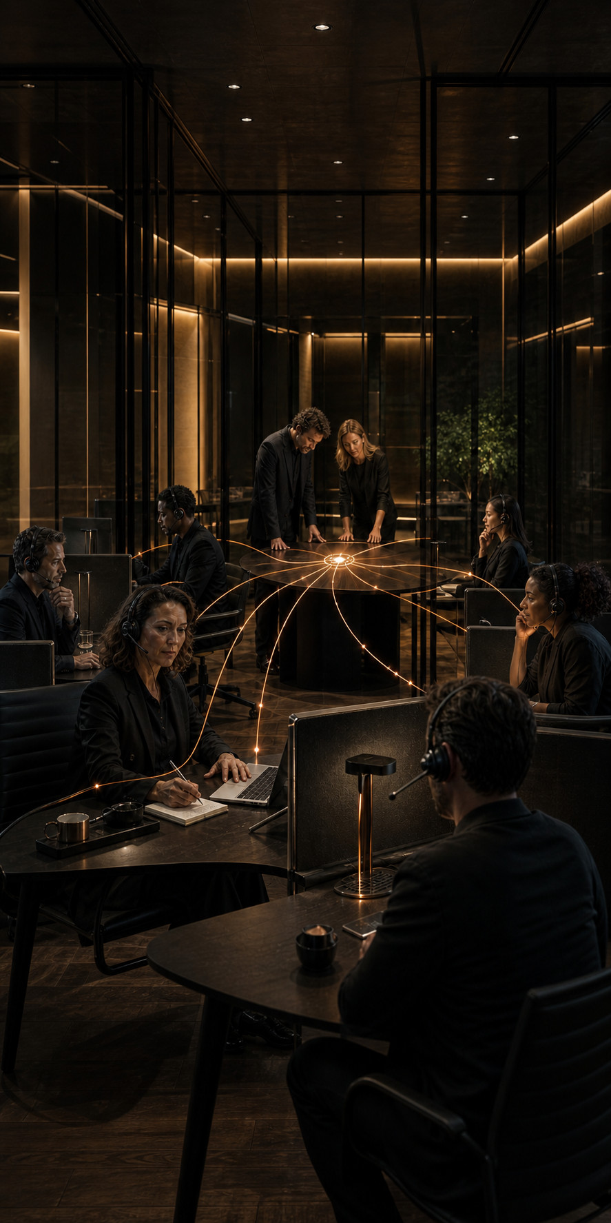 Une équipe de télémarketing travaille dans un espace acoustique ; un signal cuivré relie les conversations à une table de pilotage.
