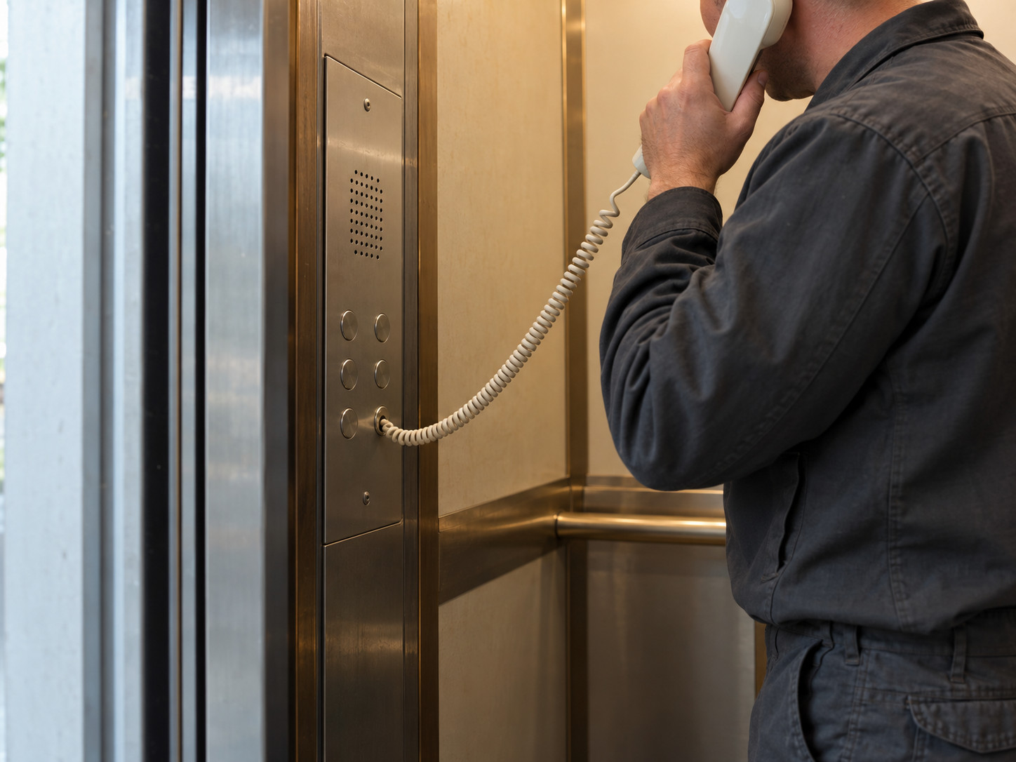 Un homme utilise un combiné téléphonique filaire dans une cabine d’ascenseur.