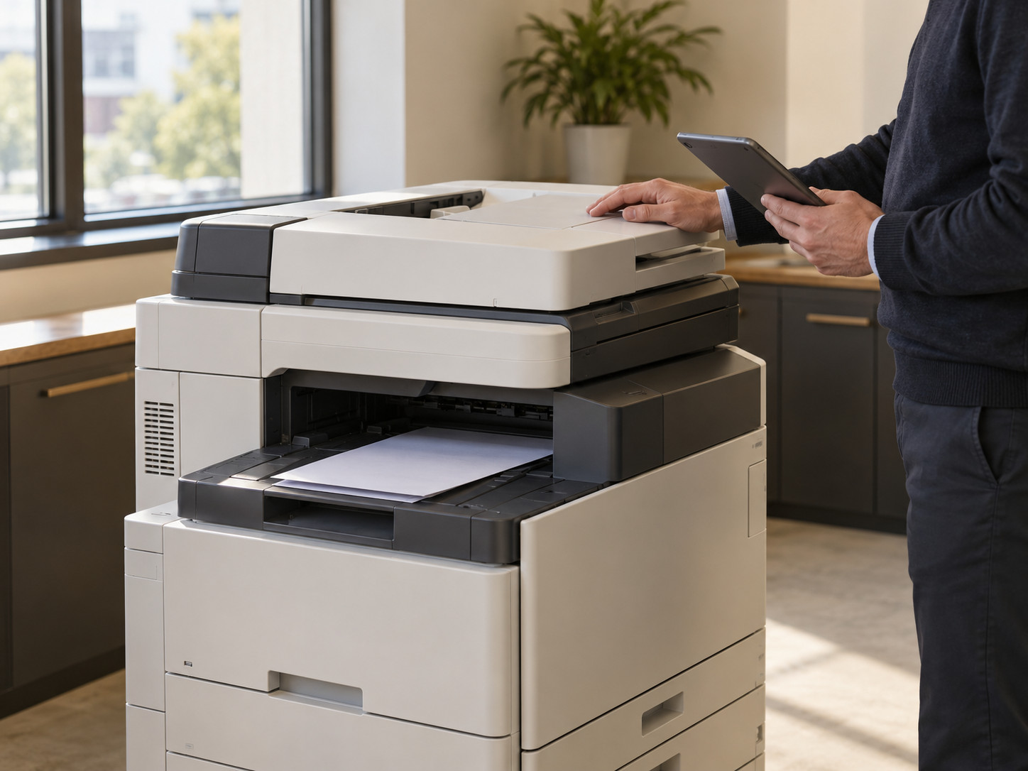 Une personne tient une tablette près d’une imprimante multifonction dans un bureau.