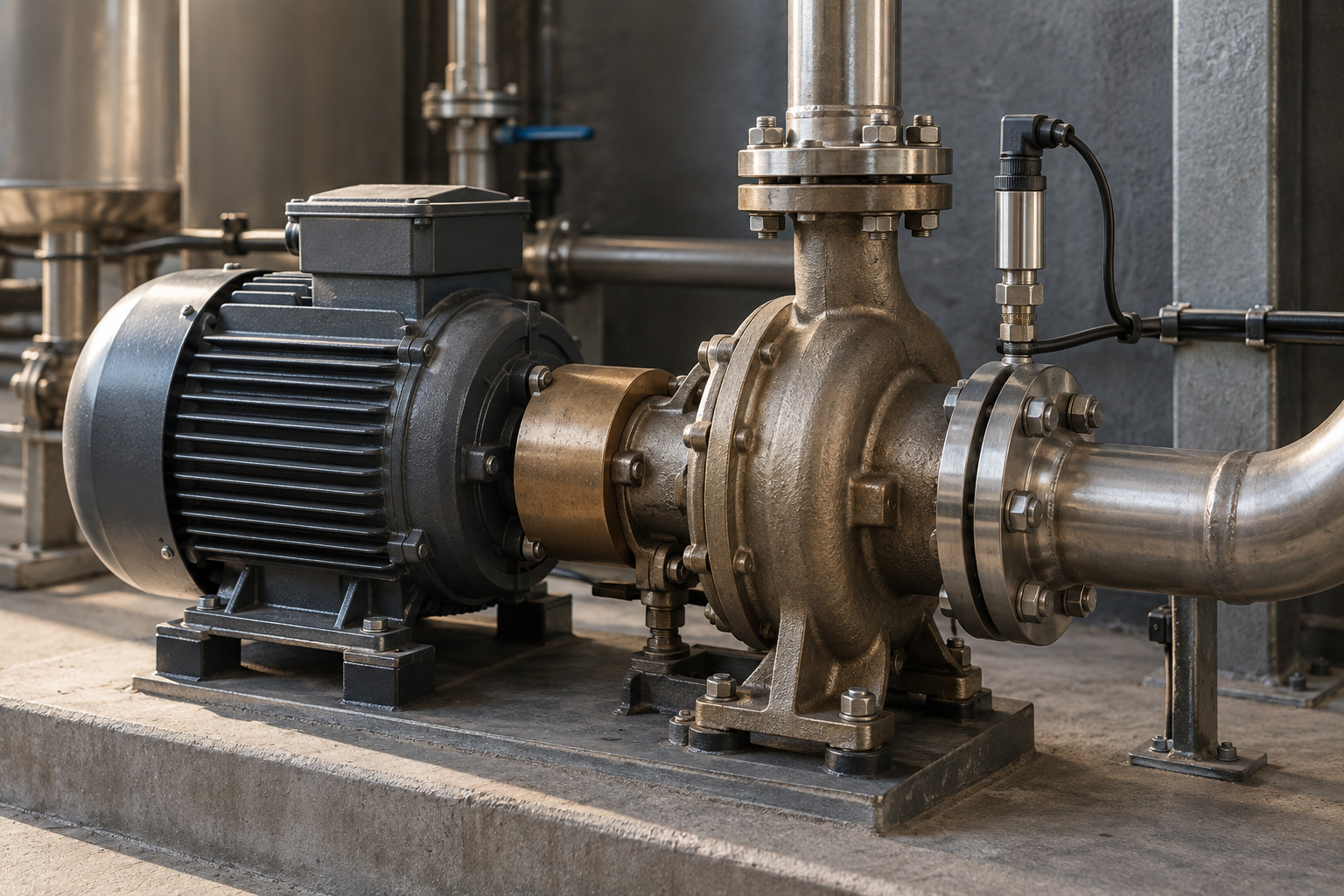 Une pompe industrielle, son moteur et un point de mesure raccordé à la conduite.