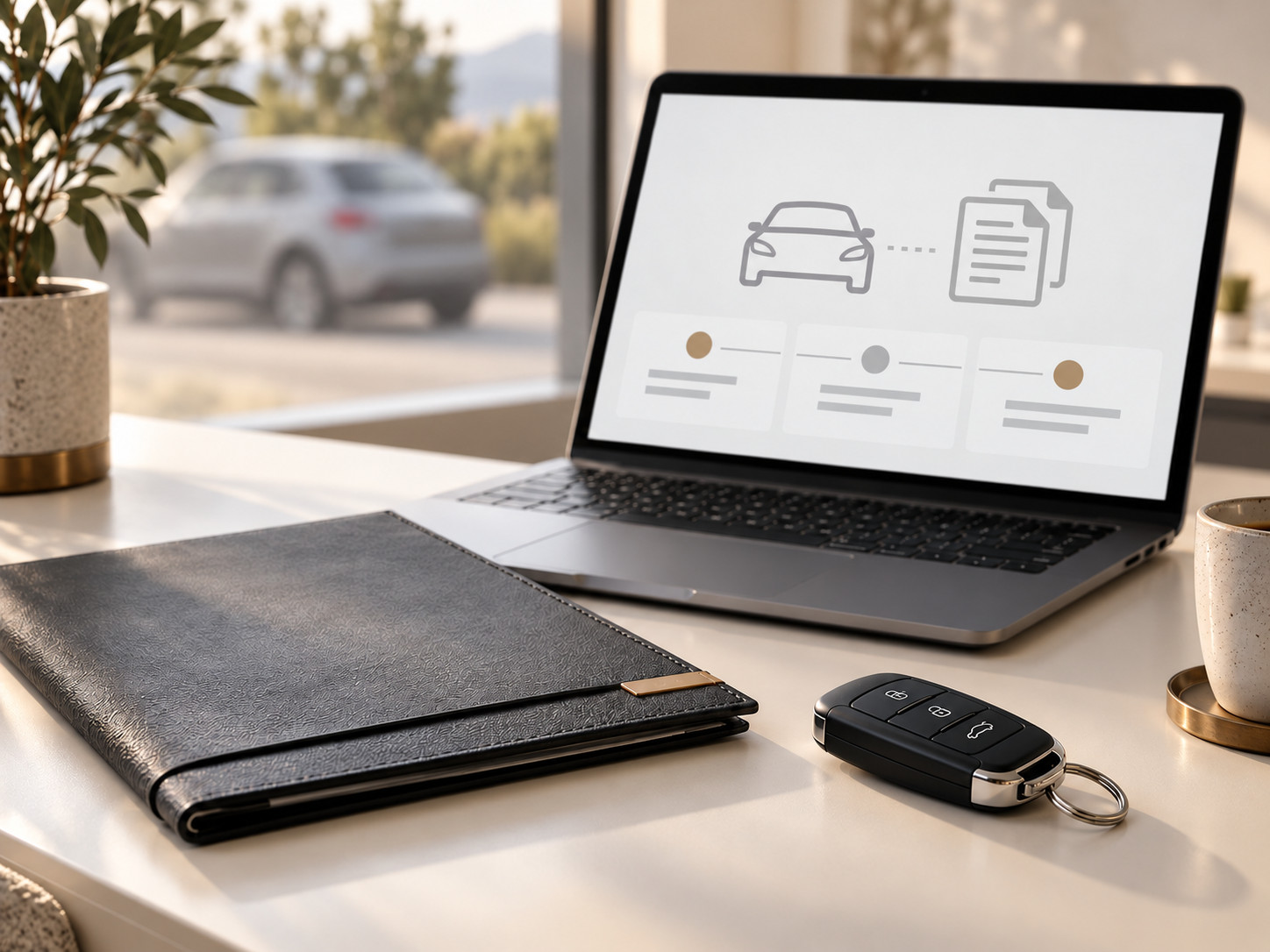 Ordinateur affichant des pictogrammes de voiture et de documents, avec un porte-documents et une clé automobile sur le bureau.
