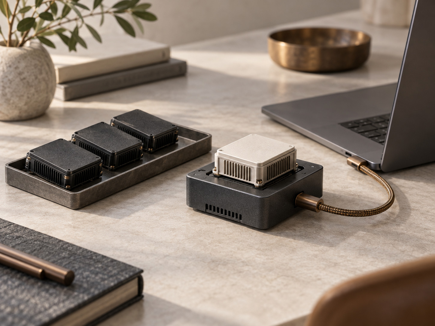 Trois modules noirs dans un plateau, à côté d’un module clair sur un socle relié à un ordinateur portable.