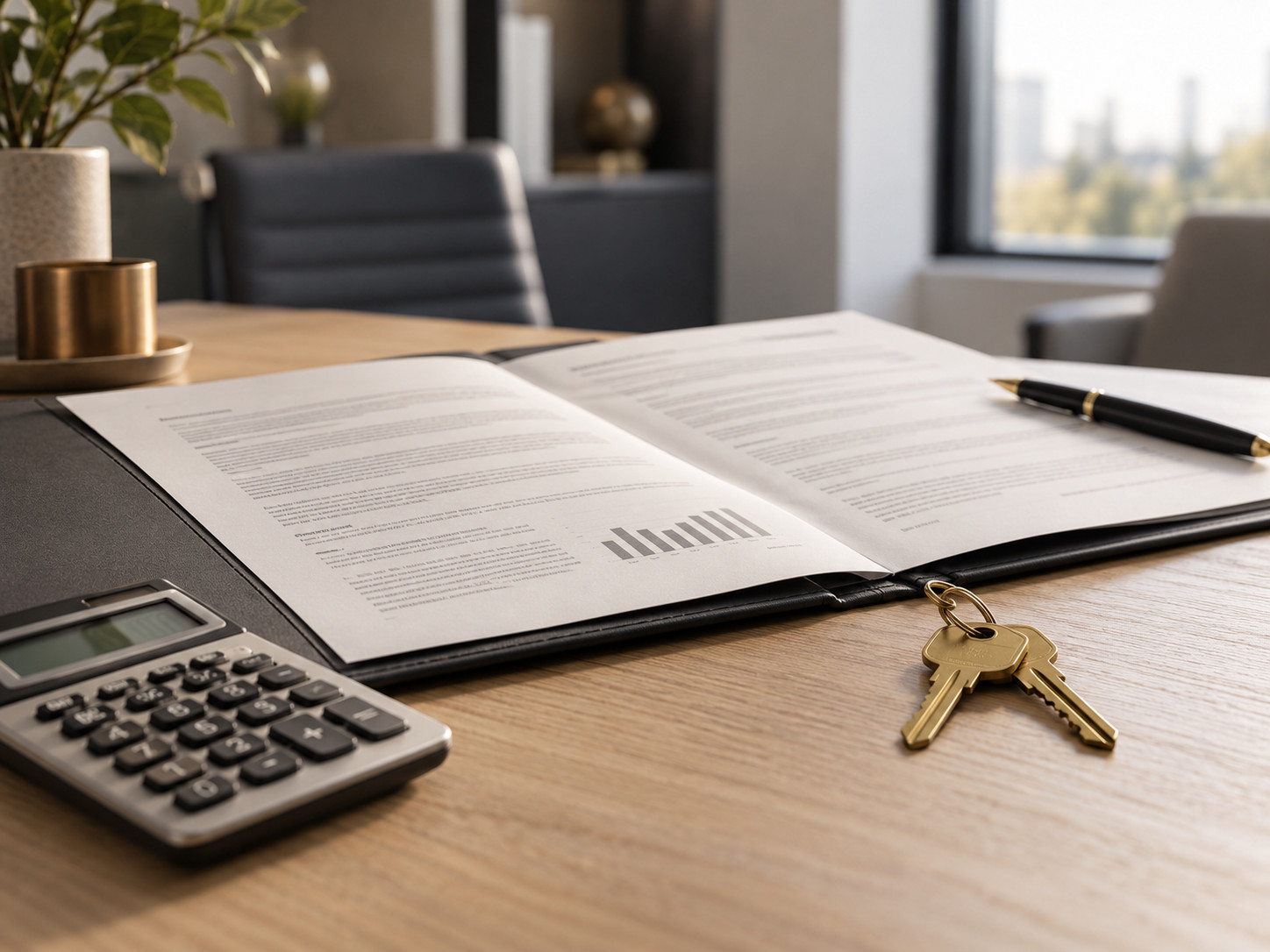 Documents ouverts sur un bureau, avec une calculatrice, deux clés et un stylo.