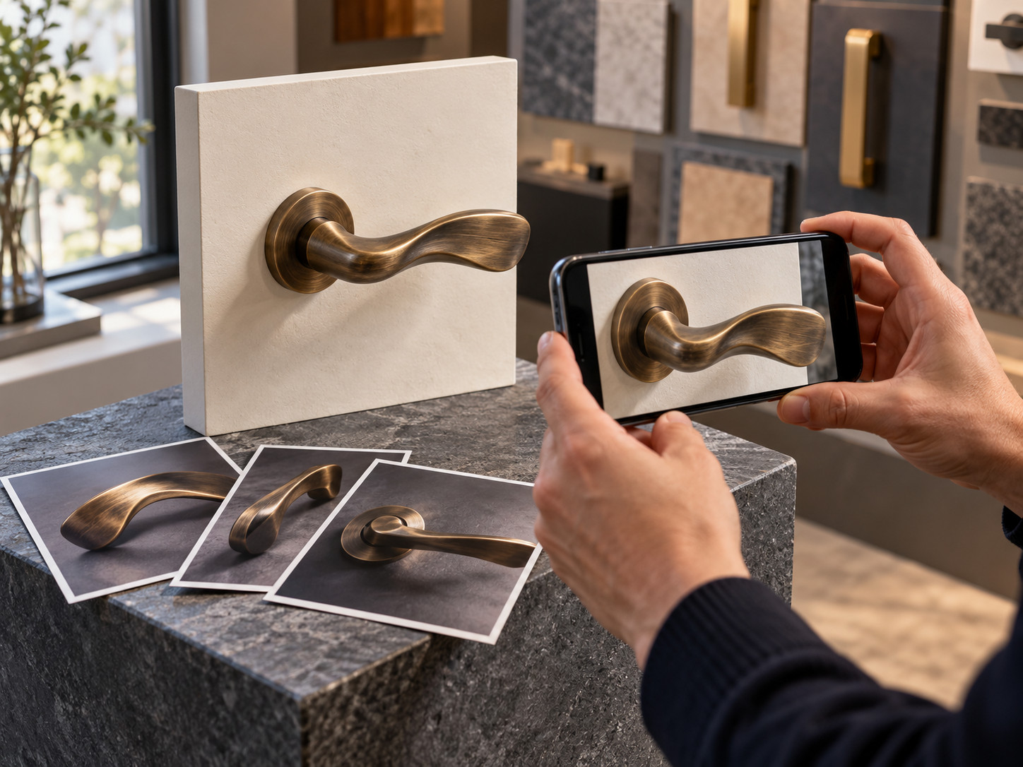 Une personne photographie une poignée en métal avec un smartphone, près de photos de modèles similaires.