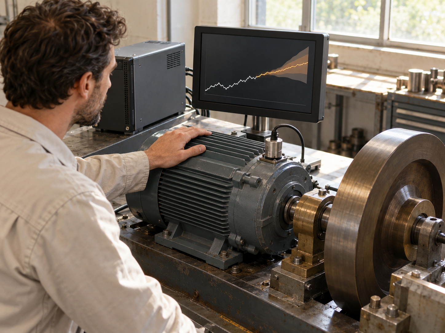 Un homme observe un graphique de prévision sur un écran, une main posée sur un moteur industriel.