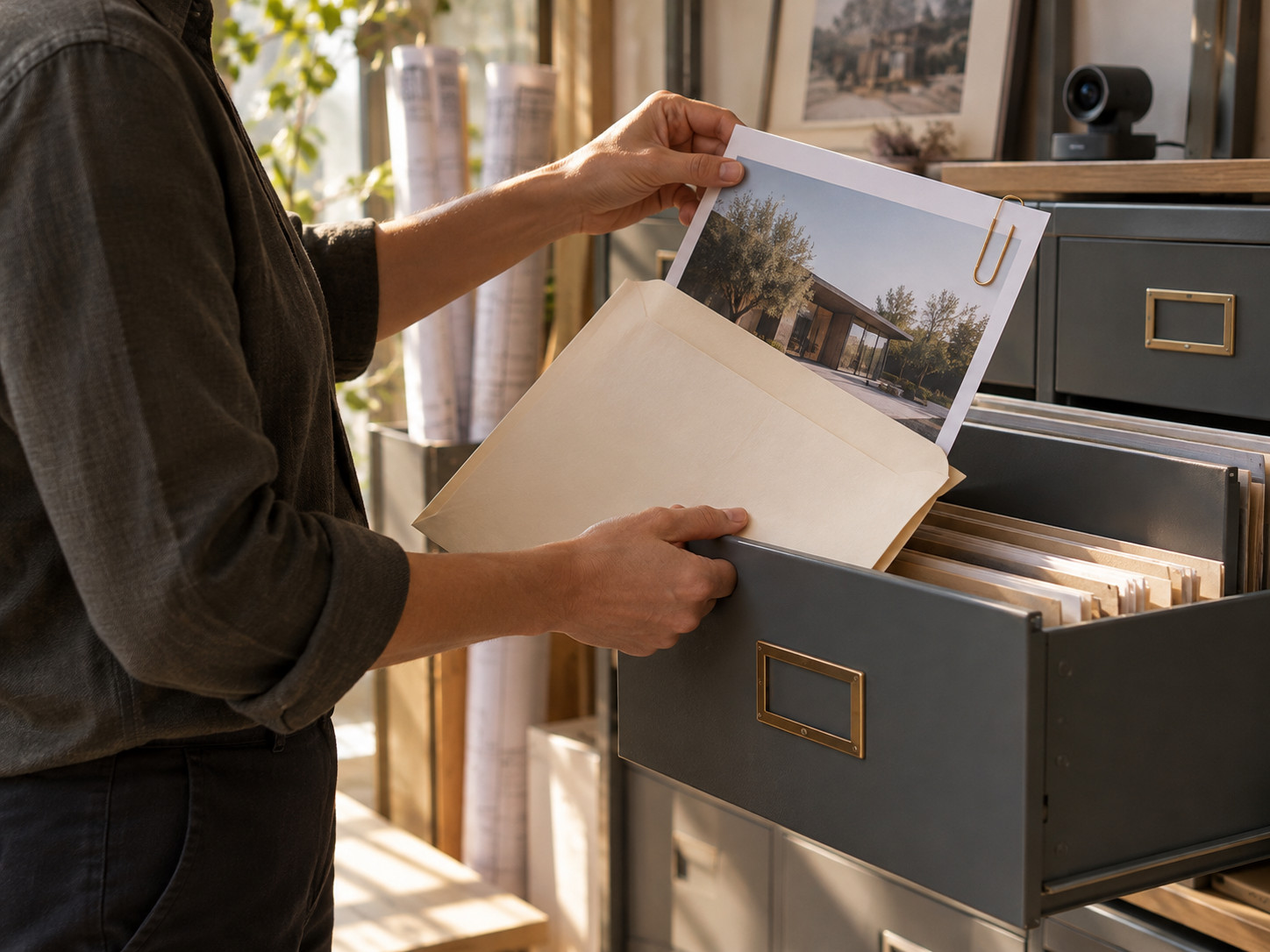 Une personne manipule une photographie et une enveloppe au-dessus d’un tiroir de classement ouvert.
