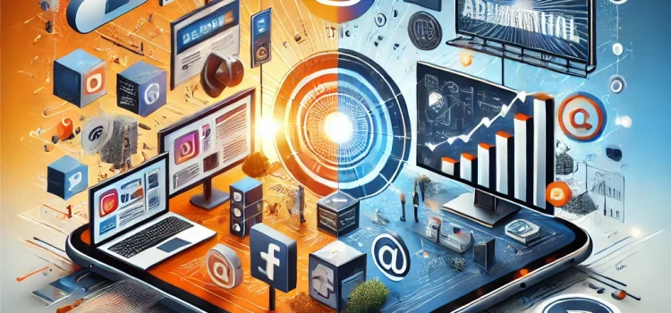 DALL·E 2024-11-28 15.28.36 – A visually dynamic and professional image representing a fusion of online and offline advertising for a blog article about successful case studies in