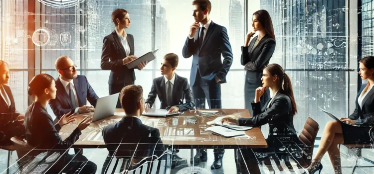 DALL·E 2024-12-05 20.49.37 – A professional consulting-themed image representing strategic decision-making. The composition includes a diverse team of business professionals in a