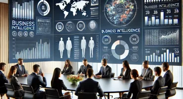 DALL·E 2024-12-05 21.45.14 – A modern meeting room featuring a diverse team of professionals collaborating around an interactive screen displaying business intelligence dashboards